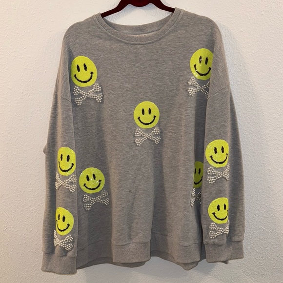 Smiley Crossbones Sweatshirt by Queen of Sparkles. - Picture 2 of 7